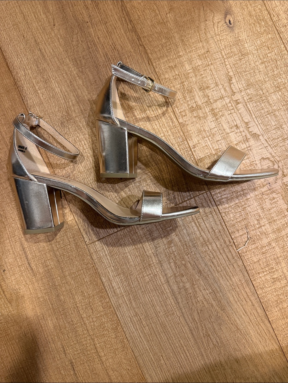 Report Metallic Silver Block Heel Ankle Strap Sandals